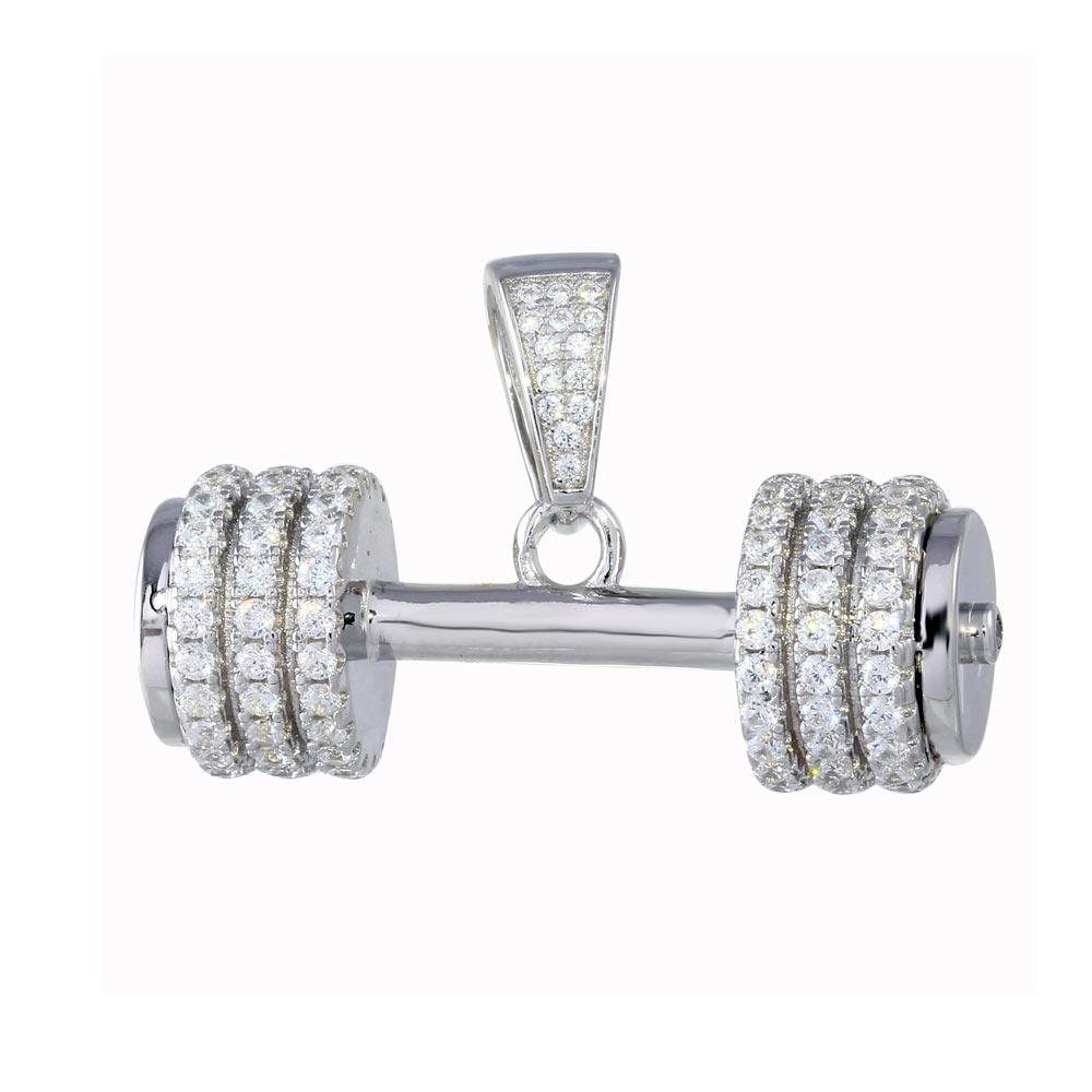 Rhodium Plated 925 Sterling Silver Dumbbell CZ Pendant