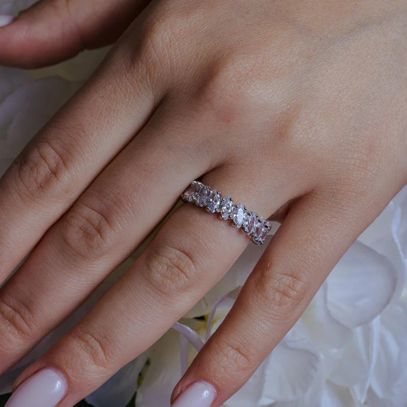 Rhodium Plated 925 Sterling Silver Clear Marquise CZ Eternity Bridal Ring