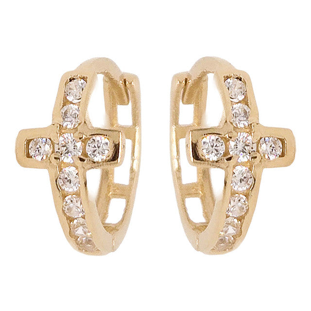 Cross Hoop Huggies Earring Cubic Zirconia Yellow Gold 14k