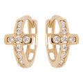 Cross Hoop Huggies Earring Cubic Zirconia Yellow Gold 14k