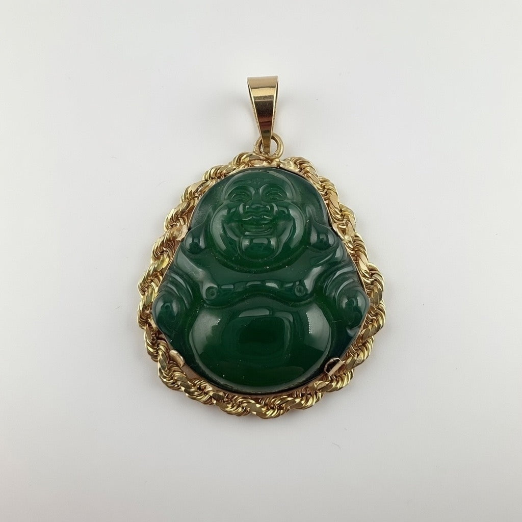Green Jade Buddha SOLID Rope Bezel 14K Gold