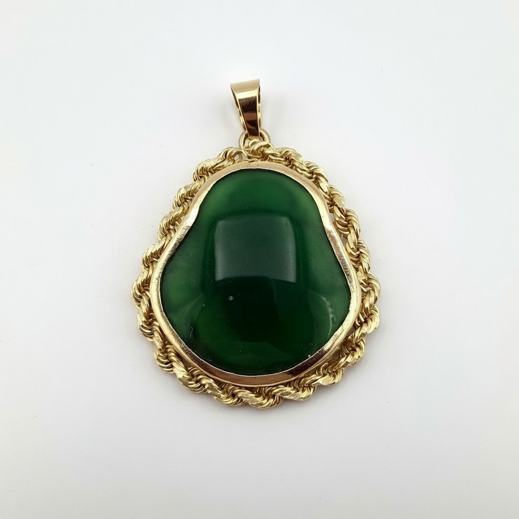 Green Jade Buddha SOLID Rope Bezel 14K Gold