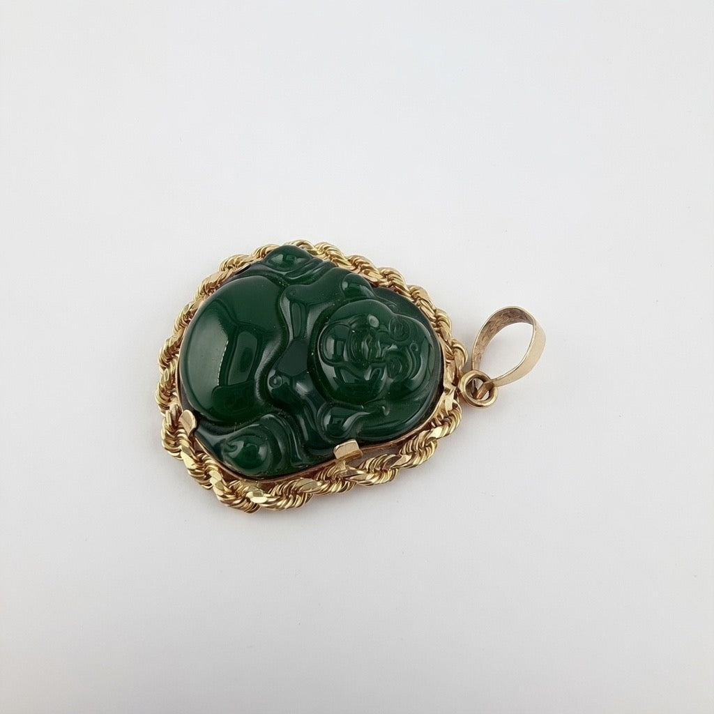 Green Jade Buddha SOLID Rope Bezel 14K Gold