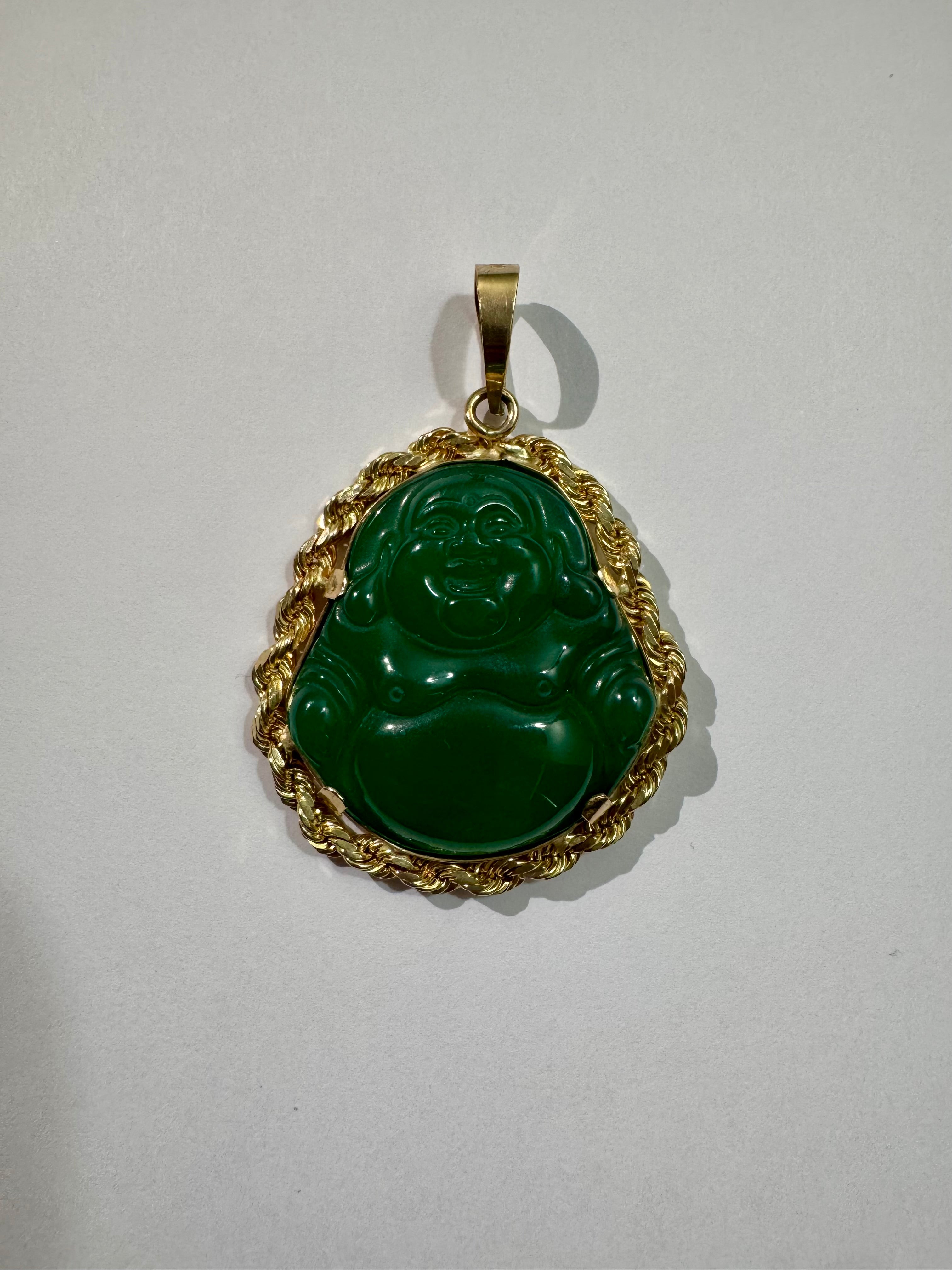Green Jade Buddha SOLID Rope Bezel 14K Gold