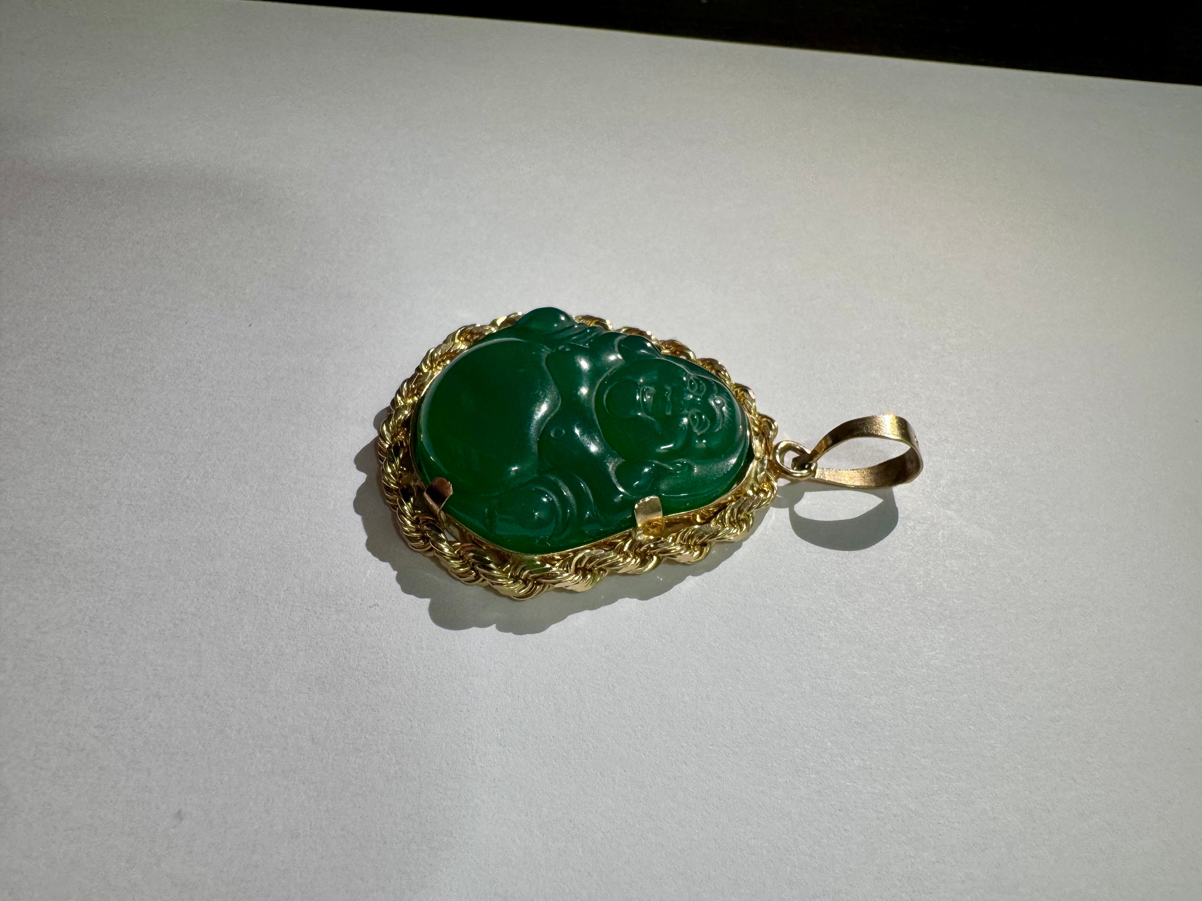 Green Jade Buddha SOLID Rope Bezel 14K Gold