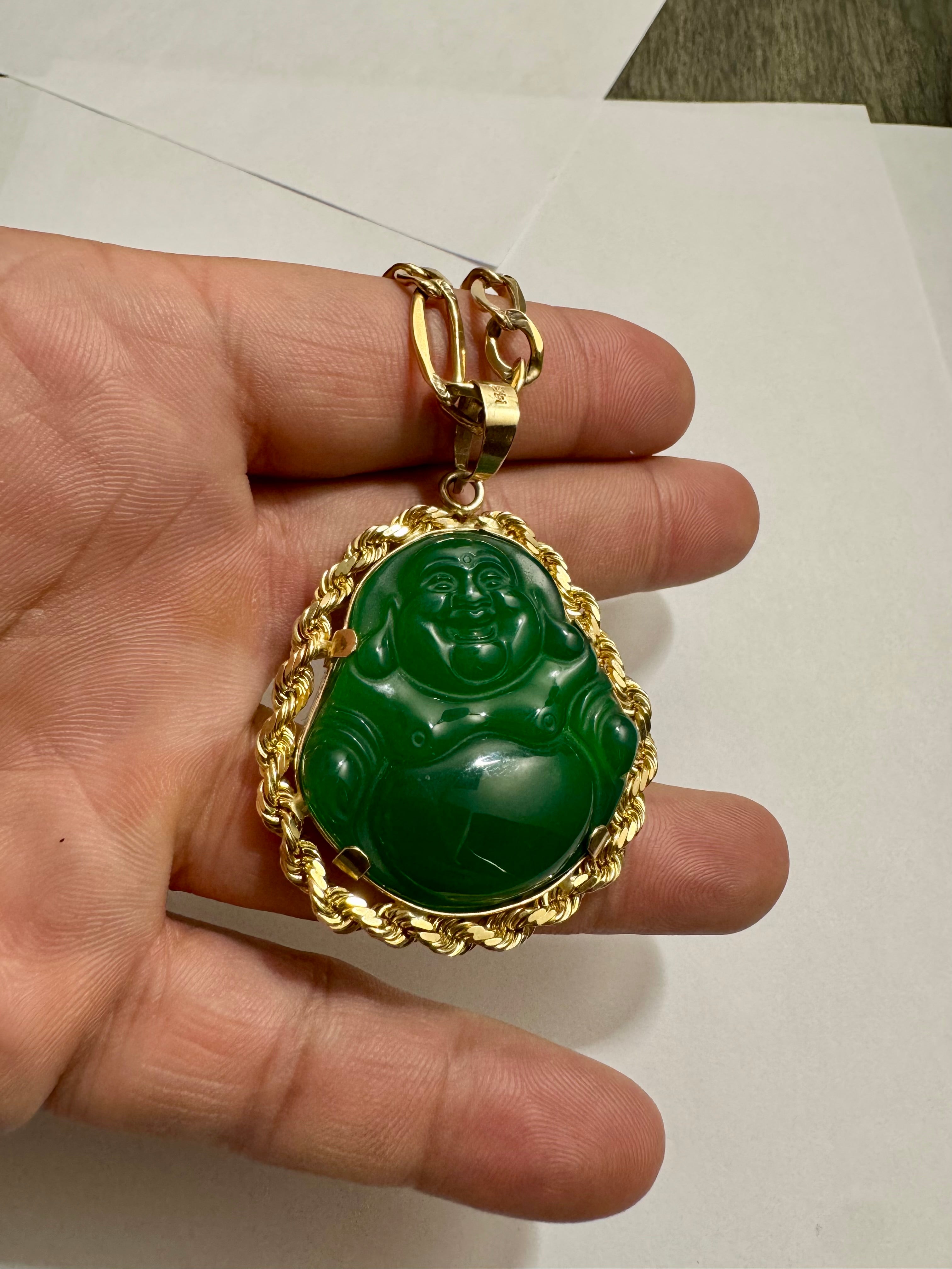 Green Jade Buddha SOLID Rope Bezel 14K Gold