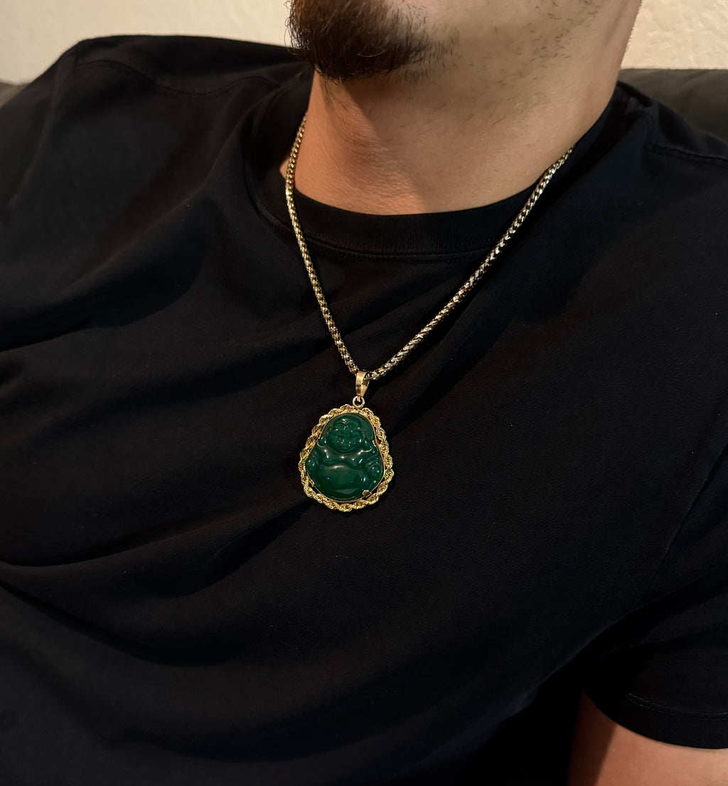 Green Jade Buddha SOLID Rope Bezel 14K Gold