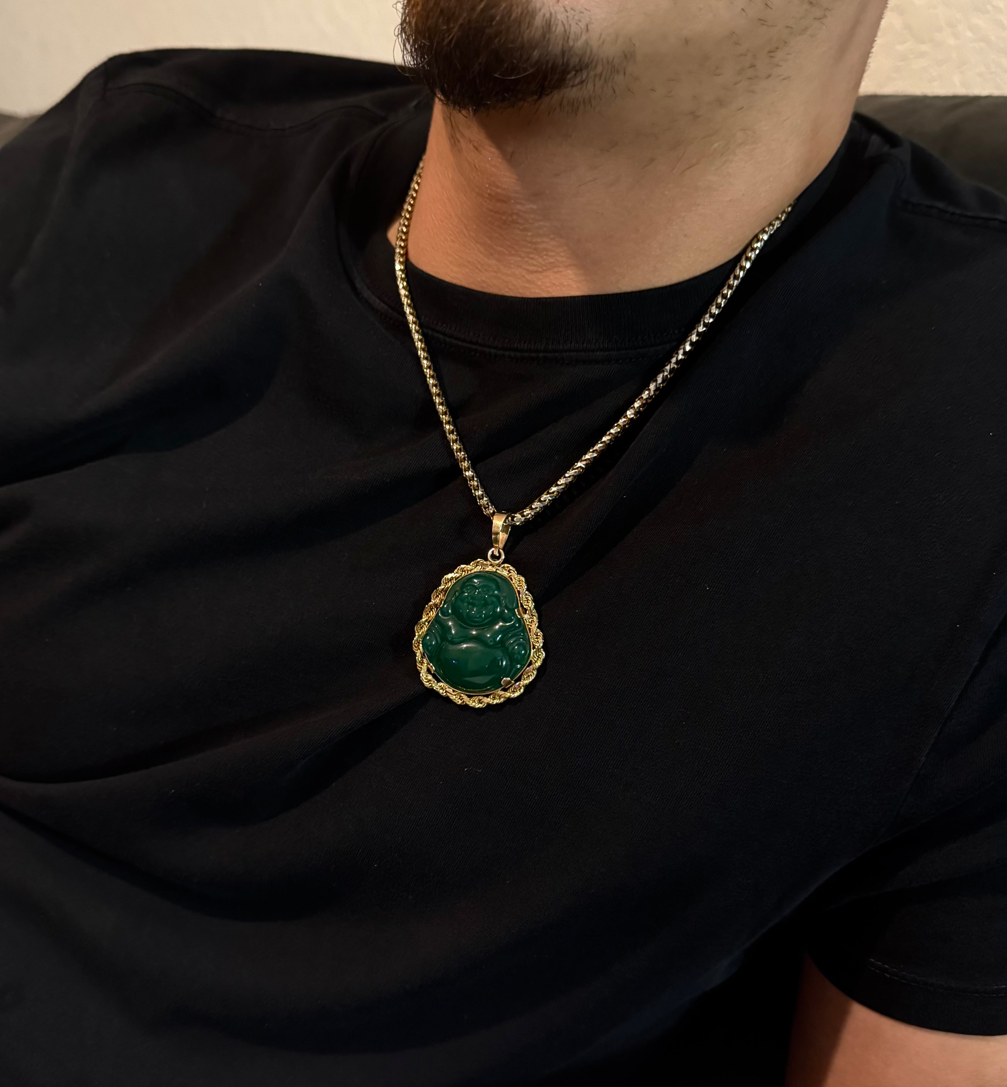 Green Jade Buddha SOLID Rope Bezel 14K Gold