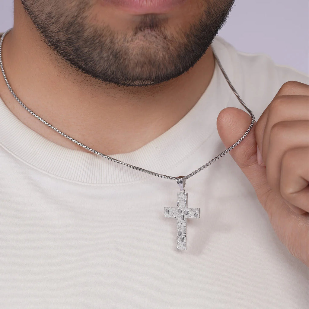 Rhodium Plated 925 Sterling Silver Nugget Cross 23.5mm x 35.3mm Pendant