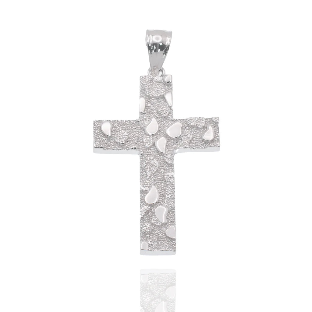 Rhodium Plated 925 Sterling Silver Nugget Cross 23.5mm x 35.3mm Pendant