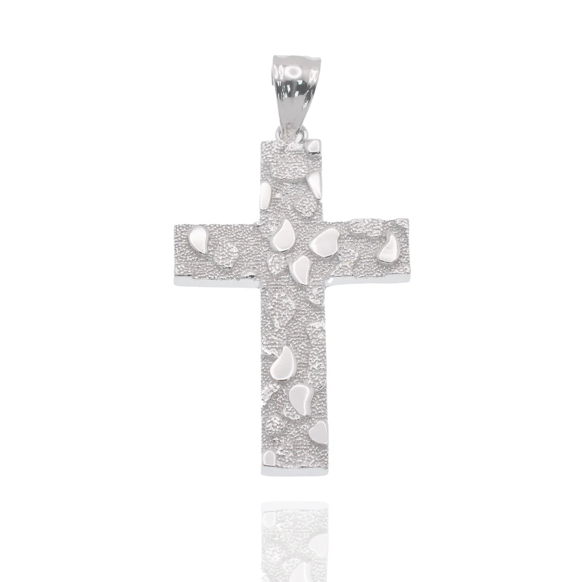 Rhodium Plated 925 Sterling Silver Nugget Cross 23.5mm x 35.3mm Pendant