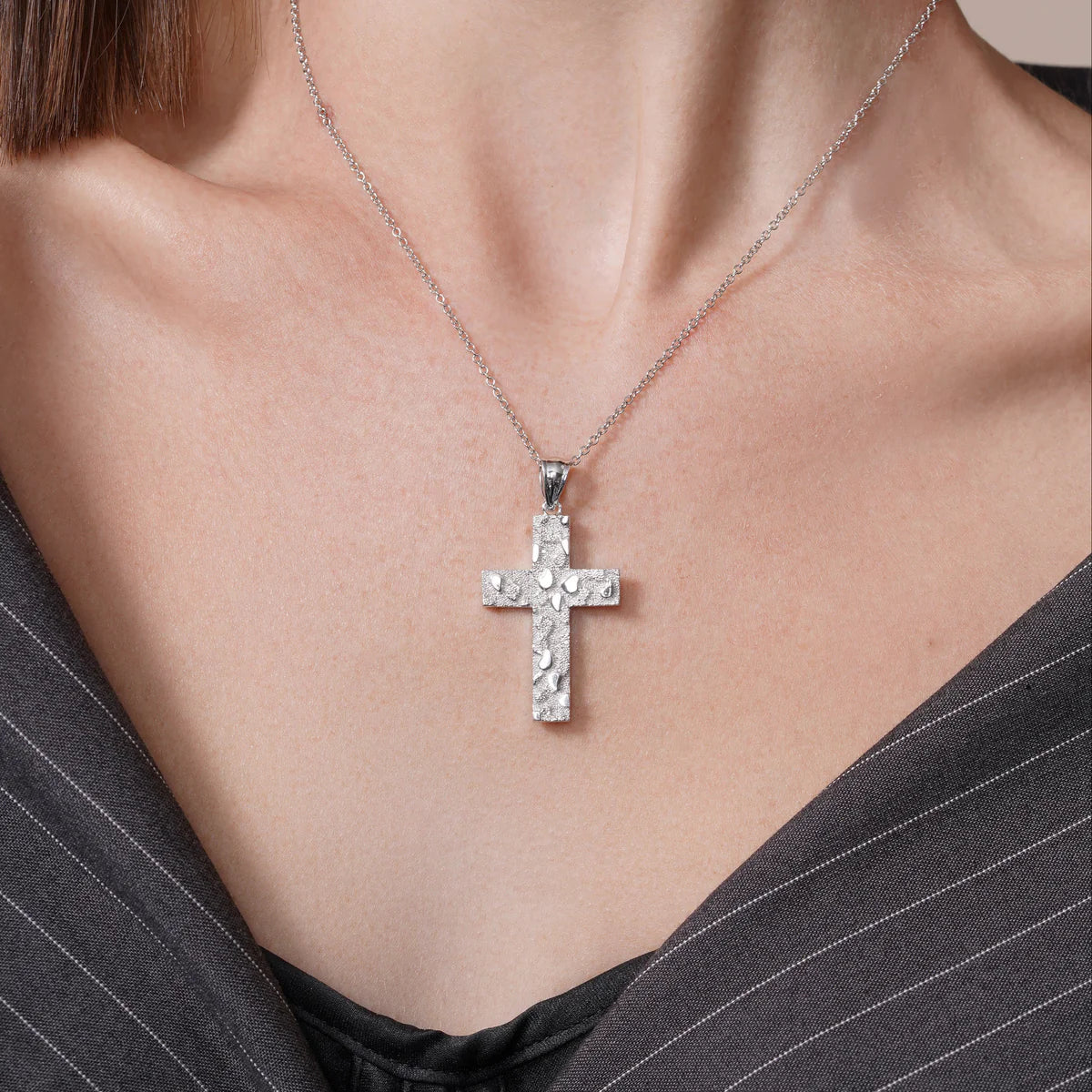 Rhodium Plated 925 Sterling Silver Nugget Cross 23.5mm x 35.3mm Pendant
