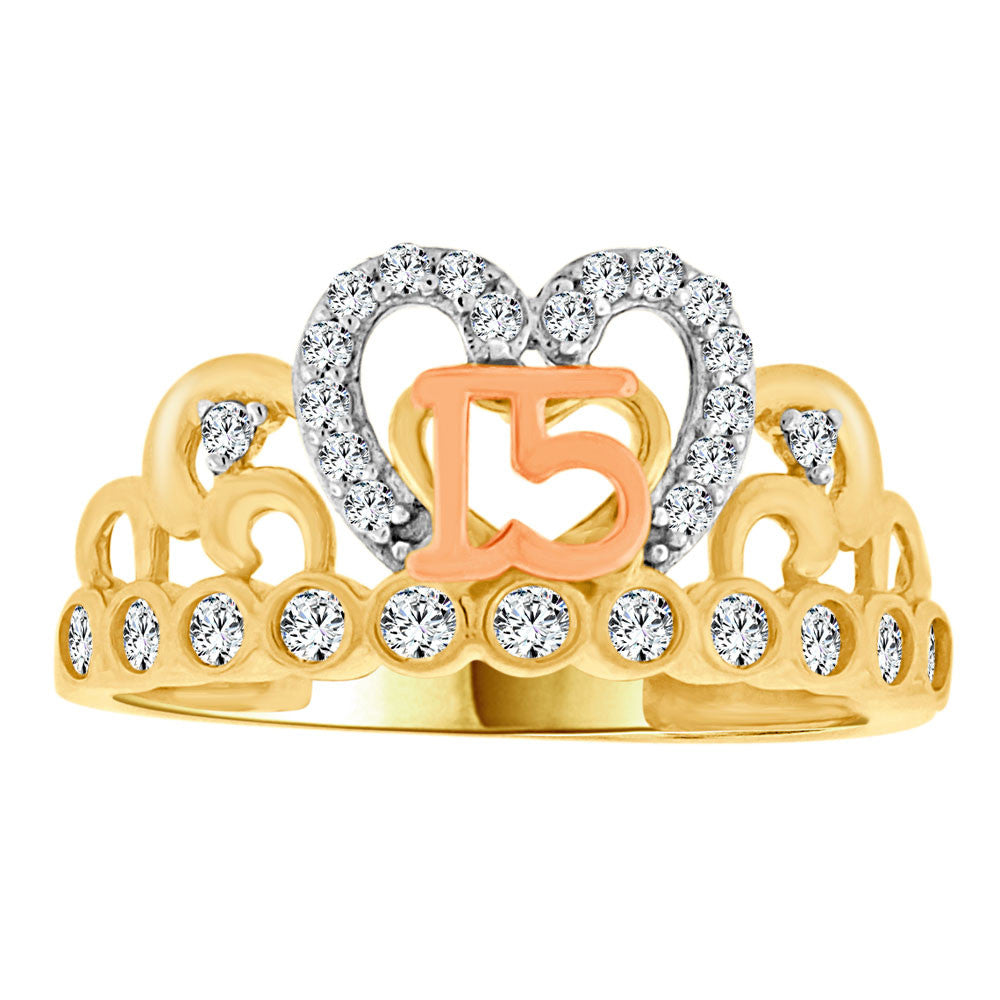 15 Quinceanera Crown Tiara Ring Cubic Zirconia Yellow Gold 14k
