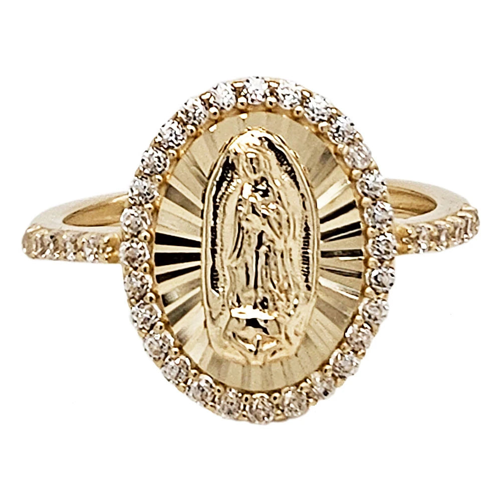 Virgin Guadalupe Oval Lady Ring CZ Yellow Gold 14k Size 7