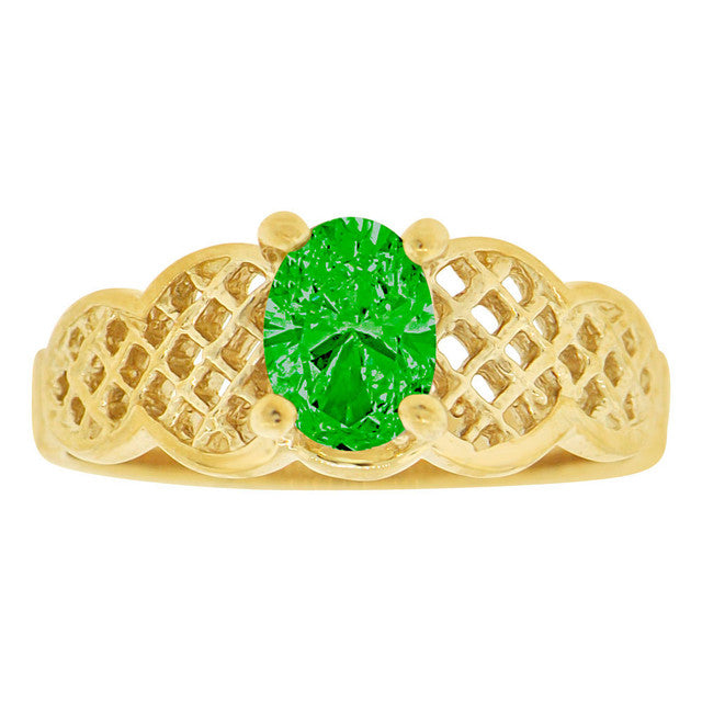 Filigree Classic Ring Oval Green CZ May Yellow Gold 14k