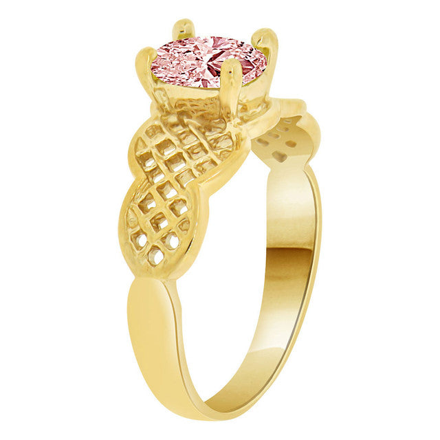 Filigree Classic Ring Oval Pink CZ Oct Yellow Gold 14k