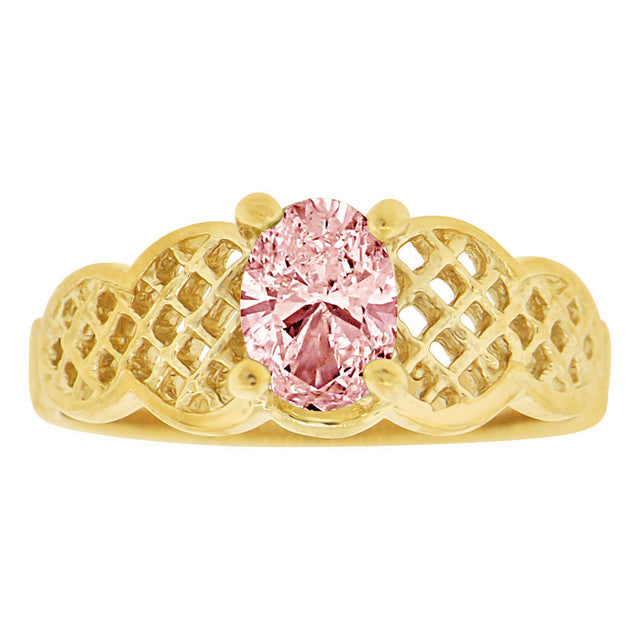 Filigree Classic Ring Oval Pink CZ Oct Yellow Gold 14k