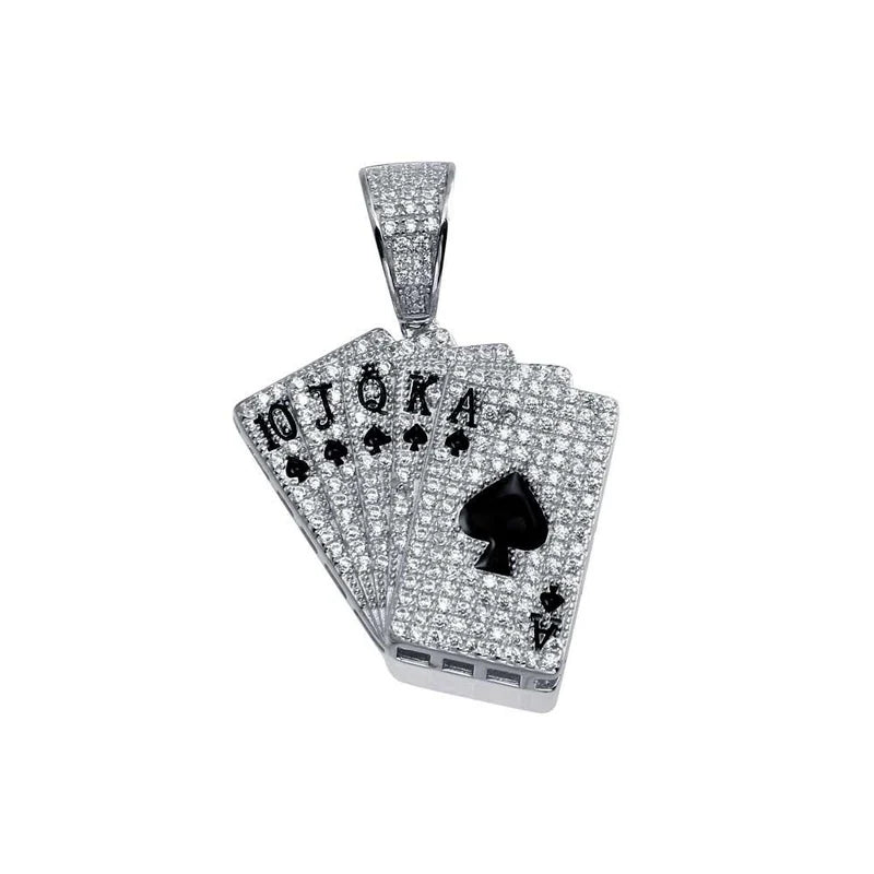 Rhodium Plated 925 Sterling Silver CZ Royal Flush Hip Hop Pendant