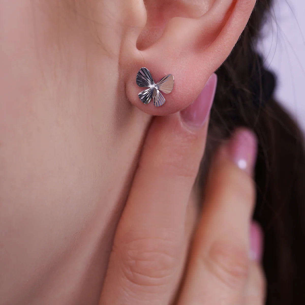 925 Sterling Silver Studded Diamond Cut Butterfly Stud Earring