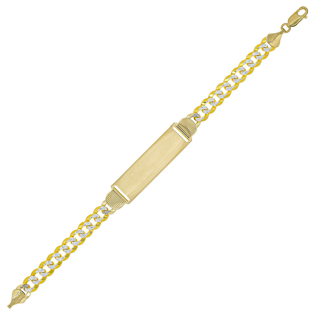 White Pave Curb Link ID 9.5mm Men Bracelet Yellow 14k