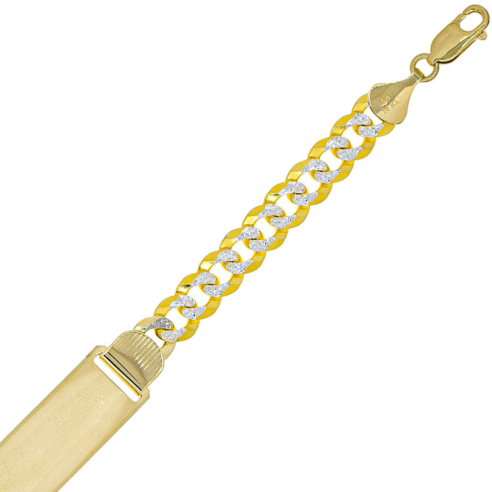 White Pave Curb Link ID 9.5mm Men Bracelet Yellow 14k