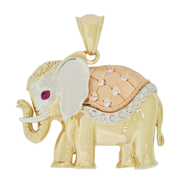 Elephant Pendant CZ 33mm Tricolor Gold 14k