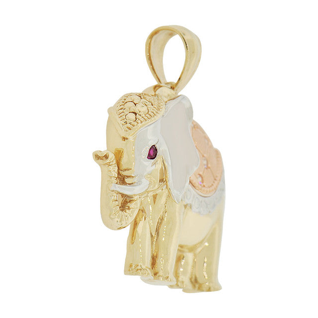 Elephant Pendant CZ 33mm Tricolor Gold 14k