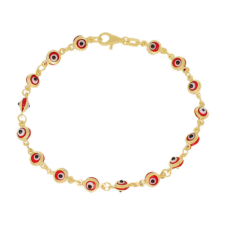 Evil Eye Charms Kid Bracelet Red Enamel Yellow Gold 14k