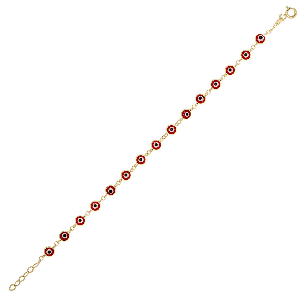 Evil Eye Charms Kid Bracelet Red Enamel Yellow Gold 14k