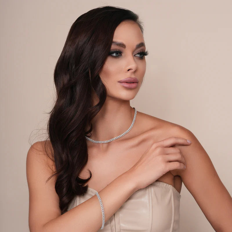 Rhodium Plated 925 Sterling Silver 5.5mm CZ Encrusted Monaco Chain or Bracelet