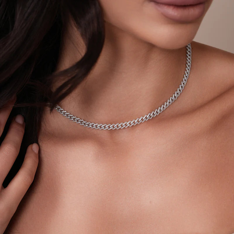 Rhodium Plated 925 Sterling Silver 5.5mm CZ Encrusted Monaco Chain or Bracelet