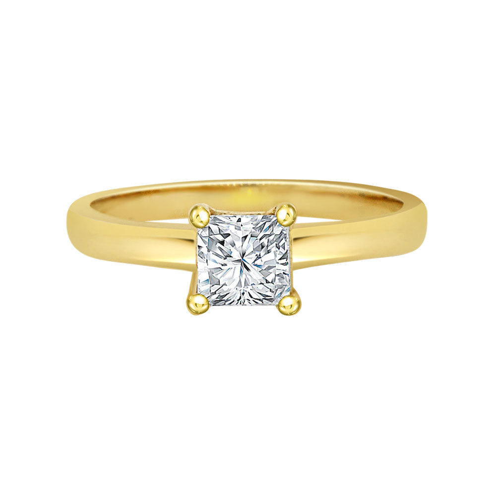 Solitaire Lady Engagement Ring Princess Cut Cubic Zirconia Yellow Gold 14k