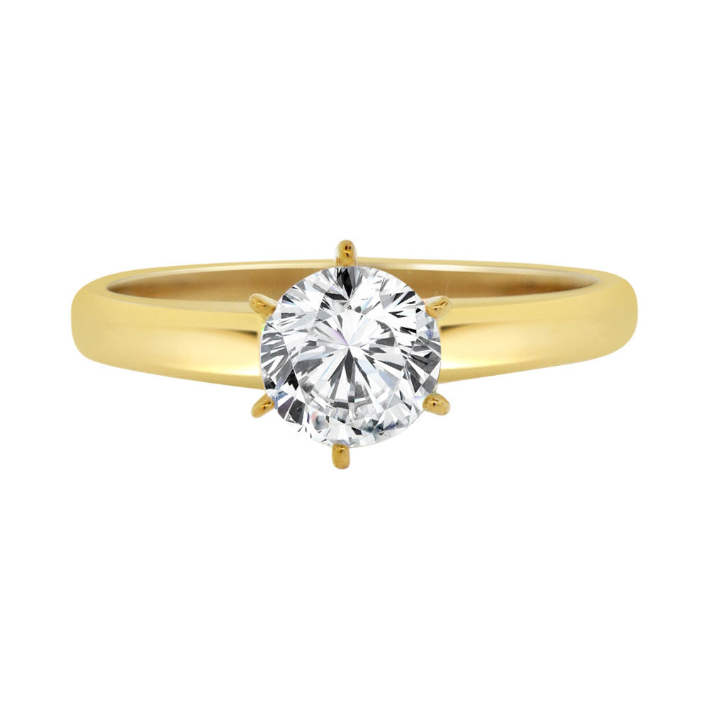 Solitaire Lady Engagement Ring Round Cubic Zirconia Yellow Gold 14k
