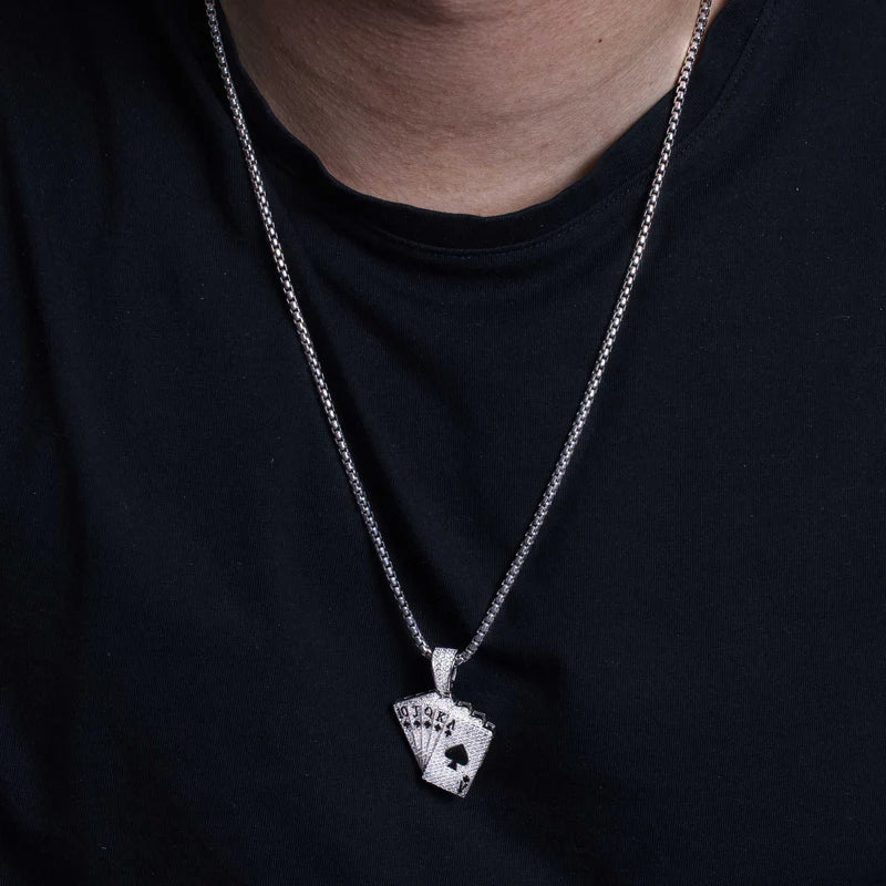 Rhodium Plated 925 Sterling Silver CZ Royal Flush Hip Hop Pendant