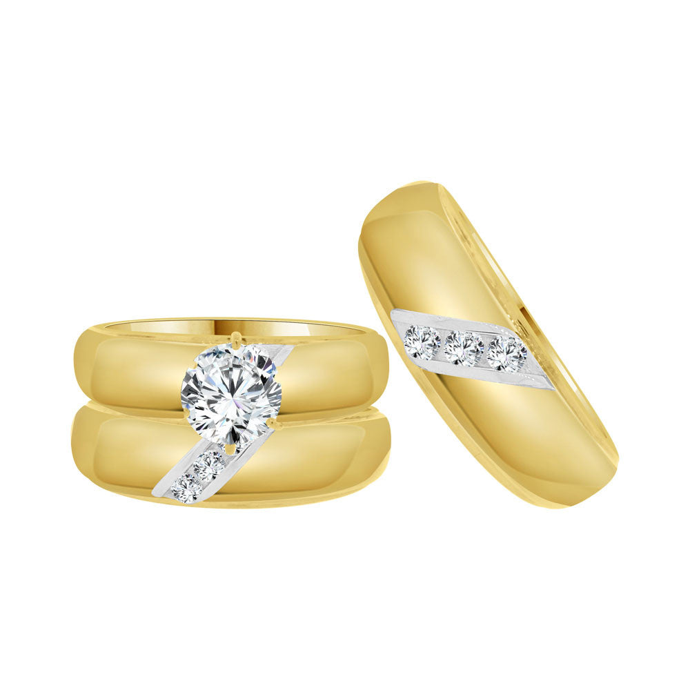 Trio Engagement Rings Set Round Cubic Zirconia Yellow Gold 14k
