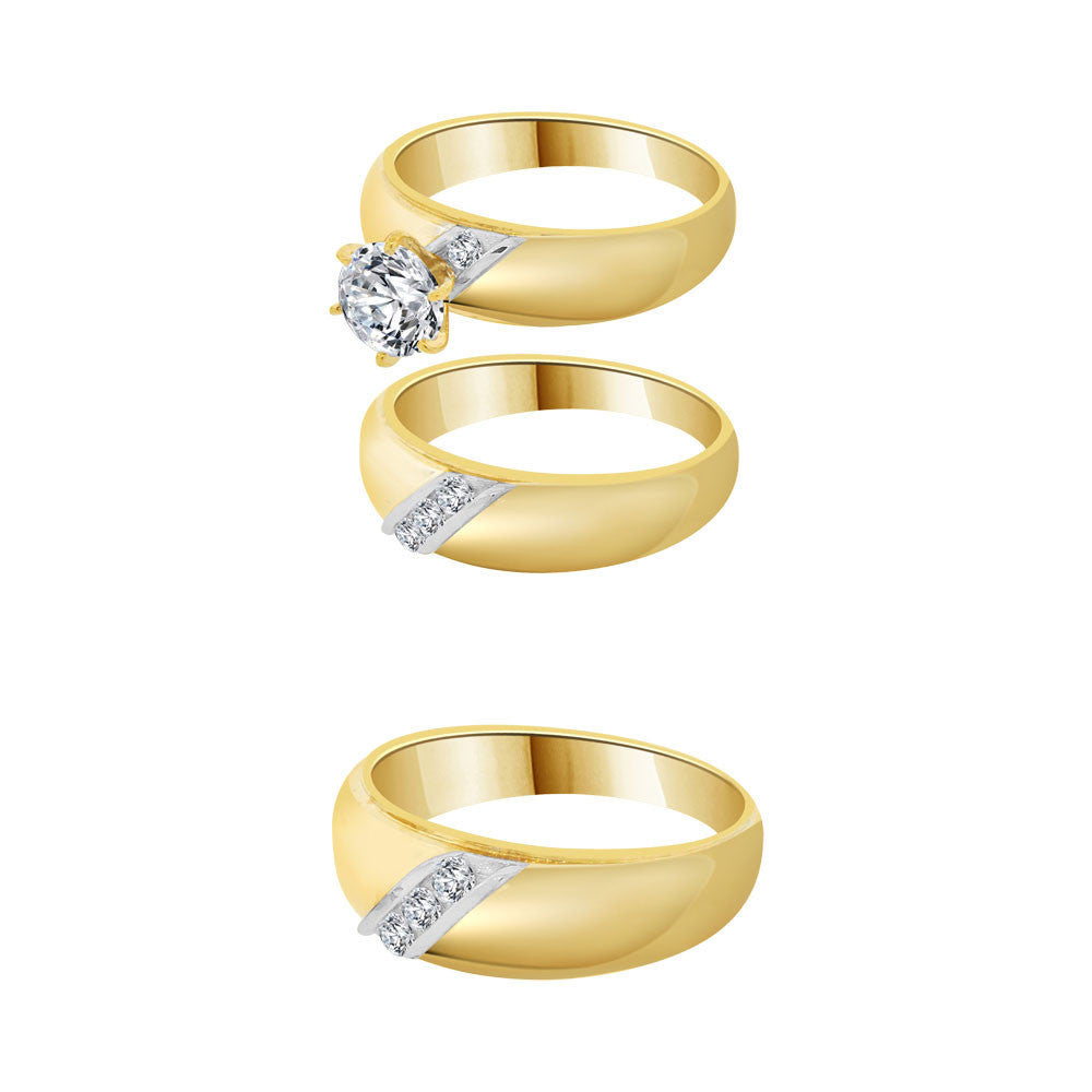 Trio Engagement Rings Set Round Cubic Zirconia Yellow Gold 14k