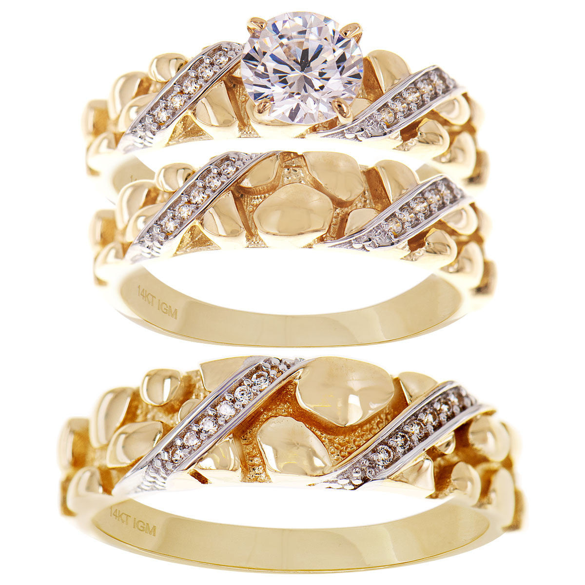 Nugget Engagement Trio Matching 3 Piece Set Rings CZ Yellow Gold 14k