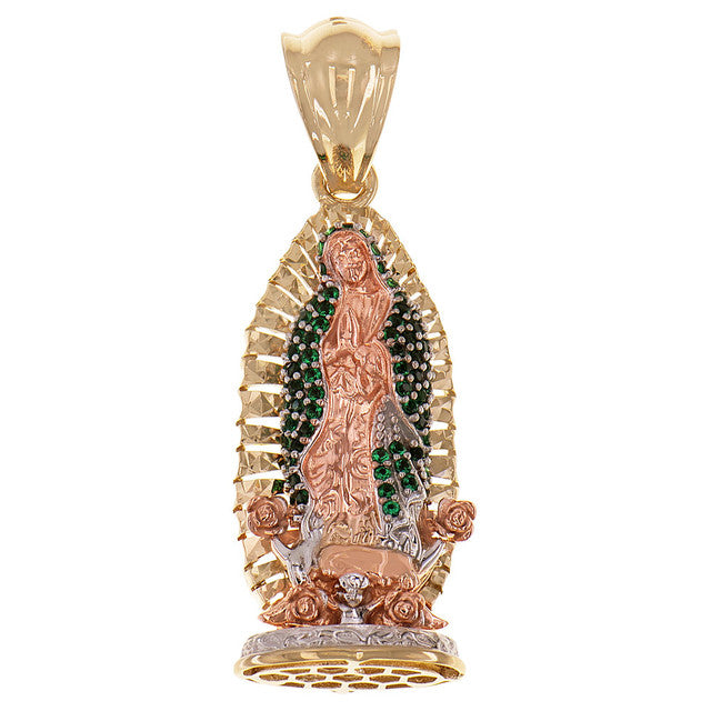 Guadalupe Virgin 3D Pendant CZ 14mm Tricolor Gold 14k